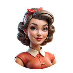Naklejka premium A character with styled brown hair, red headband, and red dress with white collar. Gold hoop earrings enhance the vintage look against an isolated background.