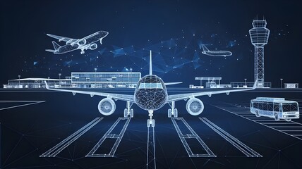 Digital airplane standing on runway, airport buildings, plane taking off, shuttle bus, control tower. Airport low poly wireframe concept in dark blue. Abstract mesh with dots, lines and stars. 