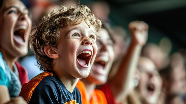 Excited young boy with curly hair cheering in a lively crowd at a sporting event.
