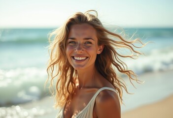 Naklejka premium A woman with blonde hair smiles brightly at the beach.