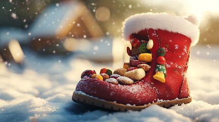 Filled Santa boot in the snow, celebrating Christmas traditions with holiday treats and festive details, perfect for a cozy winter-themed design
