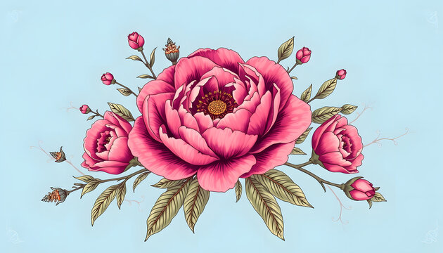 pink peony flowers on blue background clip art preview