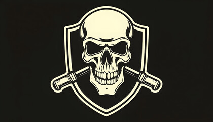illustration of skull biker in shield, vintage logo style, ai generate, flat papercut style, with white tones