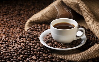Fototapeta premium Coffee, Steaming cup of coffee on coffee beans. (1)