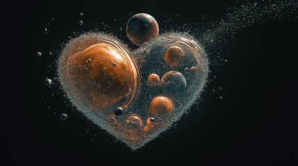 Naklejka premium Heart-shaped galaxy with swirling golden rings, surrounded by planets and clouds of stardust