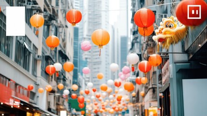 Vibrant lantern festival in bustling city street with festive decorations