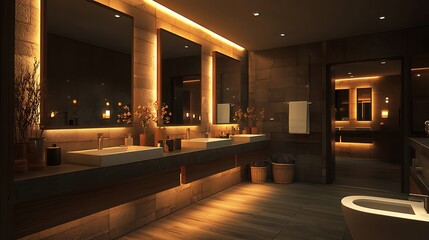 Luxurious Modern Bathroom with Warm Lighting and Double Sinks