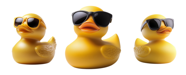 Three yellow rubber ducks wearing sunglasses are isolated on a transparent background.