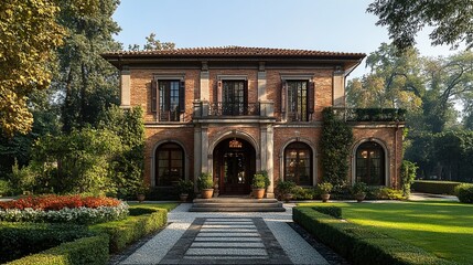 A large Italian-style house with a lush garden and intricate brickwork.