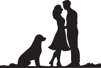 A black and white couple with dog silhouette design