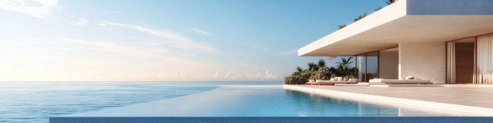 Fototapeta premium Sleek modern villa with an infinity pool overlooking a serene coastal landscape and open sky
