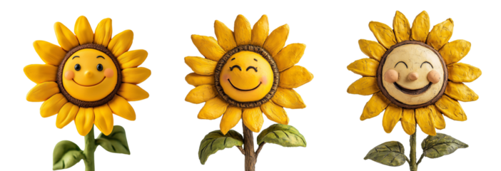 Three stylized sunflowers with different smiley faces are isolated on a transparent background.