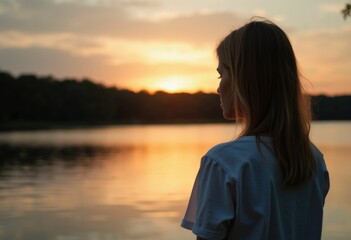 Fototapeta premium A woman stands by a lake at sunset looking out at the water.