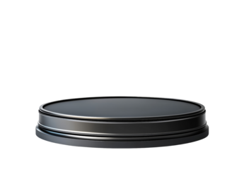 A round, dark gray metal podium is isolated on a transparent background.