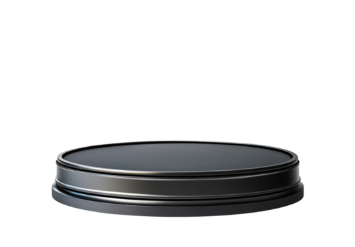 A round, dark gray metal podium is isolated on a transparent background.