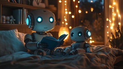 the robots are reading bedtime stories to each other in bed.