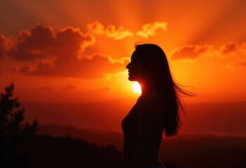 Silhouette of a woman with long hair against a fiery sunset.