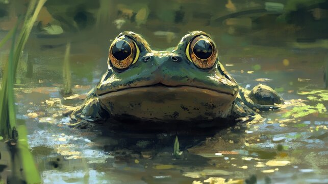 close-up of a green frog in a pond