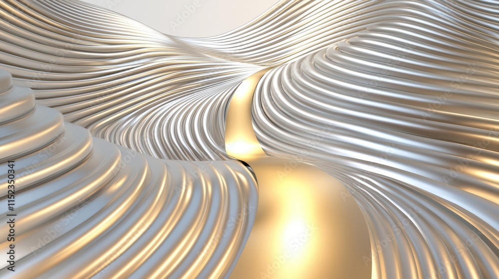 Poster exploring a maze of metallic lines with a golden path abstract art digital design futuristic environ