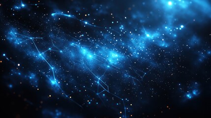 Obraz premium Abstract blue glowing nebula with interconnected nodes and particles, cosmic background.