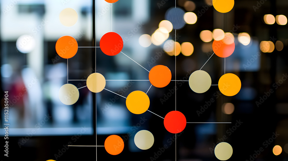 Poster abstract image of interconnected colorful circles against a blurred city backdrop. represents networ