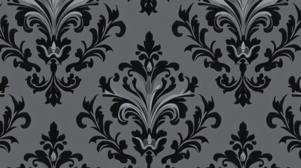 Fototapeta premium Black damask pattern, seamless repeating design, flat vector graphic design, dark gray background color. 