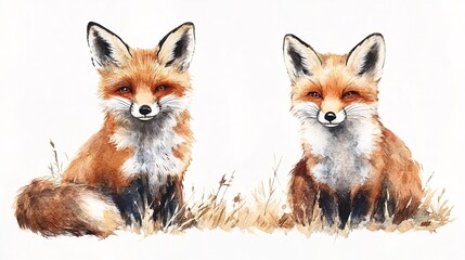 Two Watercolor-Style Red Foxes Sit Side by Side, Facing Forward.