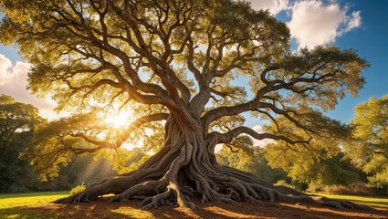 Warmly lit summer or autumn forest landscape, showcasing golden sunlight filtering through lush trees, with rich foliage and peaceful atmosphere, capturing the essence of a serene, seasonal transition