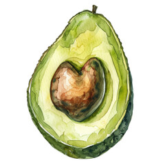 Obraz premium Detailed watercolor illustration of a ripe avocado cut in half isolated on white