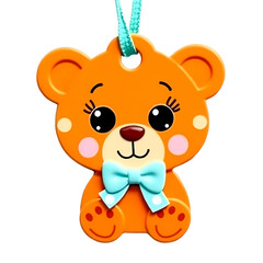 Fototapeta premium Cute orange bear pendant featuring a blue bow for children’s accessories and playful designs, ideal for backpacks or keychains