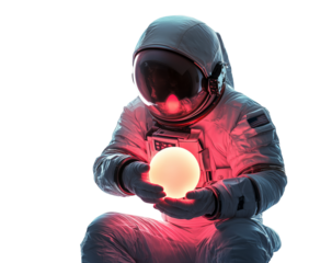 A full-body astronaut holds a glowing pink orb in their hands, isolated on a transparent background.