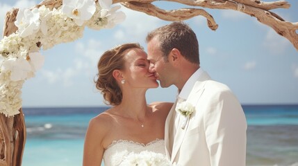Beach wedding celebration tropical paradise couple sharing a kiss seaside romantic atmosphere joyful moment