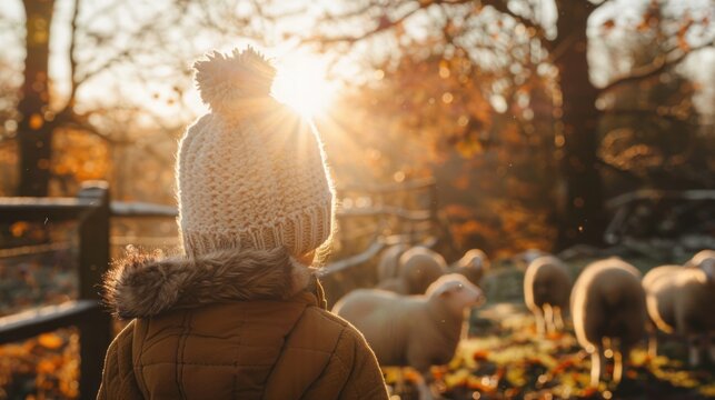 A young child watches sheep shearing in a serene rural community during golden hour