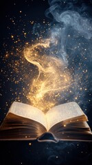Ethereal light emanates from ancient book enchanting atmosphere magical content dark background mystical concept