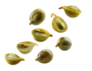 Falling Capers isolated on white background, cut out 