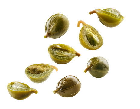 Falling Capers isolated on white background, cut out 