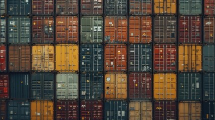Fototapeta premium Close-up view of multiple stacked shipping containers showcasing vibrant colors and branding