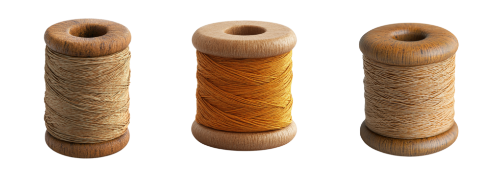 Three spools of thread in various shades of brown and orange are isolated on a transparent background.