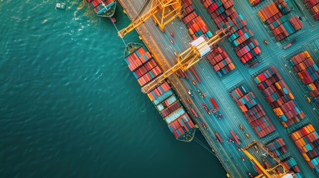 Large cargo ship docked at terminal surrounded by colorful containers in serene blue waters. Banner with copyspace. - Powered by Adobe