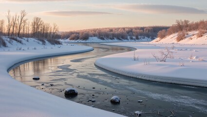 Obraz premium Winter landscape featuring a serpentine frozen river, winding through snow-covered terrain, with frost-kissed trees and a serene, tranquil atmosphere capturing the beauty of a cold, still season