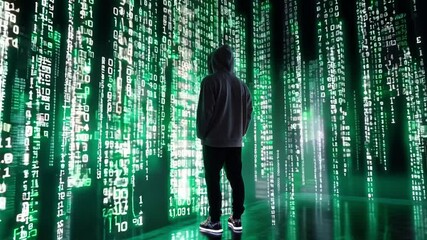 A man in hoodie gazes at a mesmerizing display of cascading binary code, creating an immersive digital experience in a dark setting - Powered by Adobe