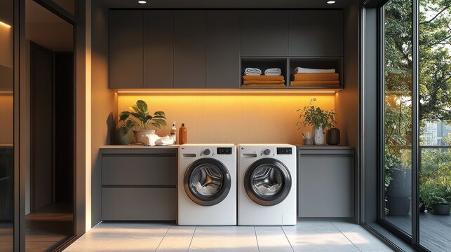 Modern laundry room with washer, dryer, cabinets, and plants.
