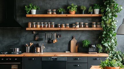 A modern kitchen with dark gray walls and wooden countertops, featuring a range of cooking utensils and plants.