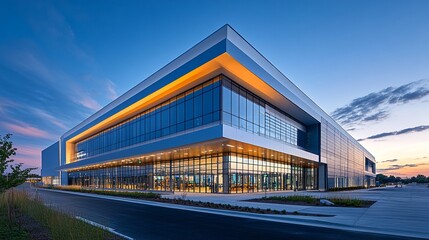 Fototapeta premium A large building with glass windows and a flat roof is pictured at sunset.