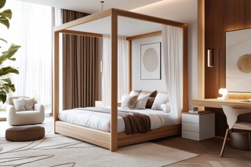 This chic bedroom showcases a cozy canopy bed in soft, neutral tones paired with stylish decor and large windows, creating an inviting and tranquil atmosphere.