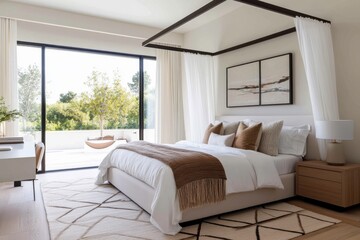 This spacious bedroom features a modern canopy bed and large glass doors leading to a beautiful terrace, blending indoor and outdoor living harmoniously.