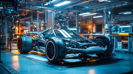 Fototapeta premium A futuristic sports car is being manufactured in a high-tech factory with cutting-edge machinery and advanced technology.