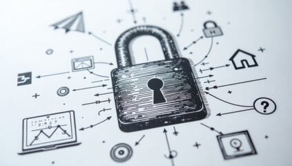 Cyber security Concept Sketch in Black and White Outline Hand Drawn with Padlock and Network Connections. Ideal for technology articles, IT solutions, digital privacy campaigns