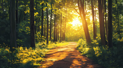 Fototapeta premium Forest path with dappled sunlight, flat design illustration. Dappled. Illustration