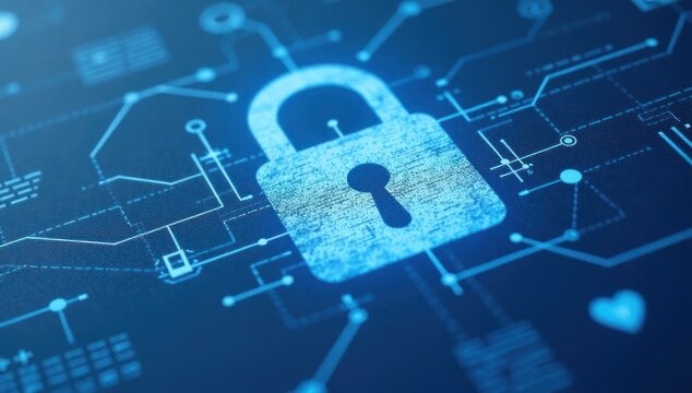 Cyber security Concept Sketch in Blue and White Outline with Padlock and Network Connections. Ideal for technology articles, IT solutions, digital privacy campaigns